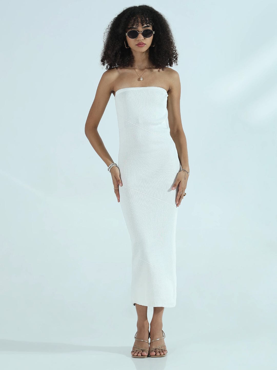 Ribbed White Strapless Bodycon Dress