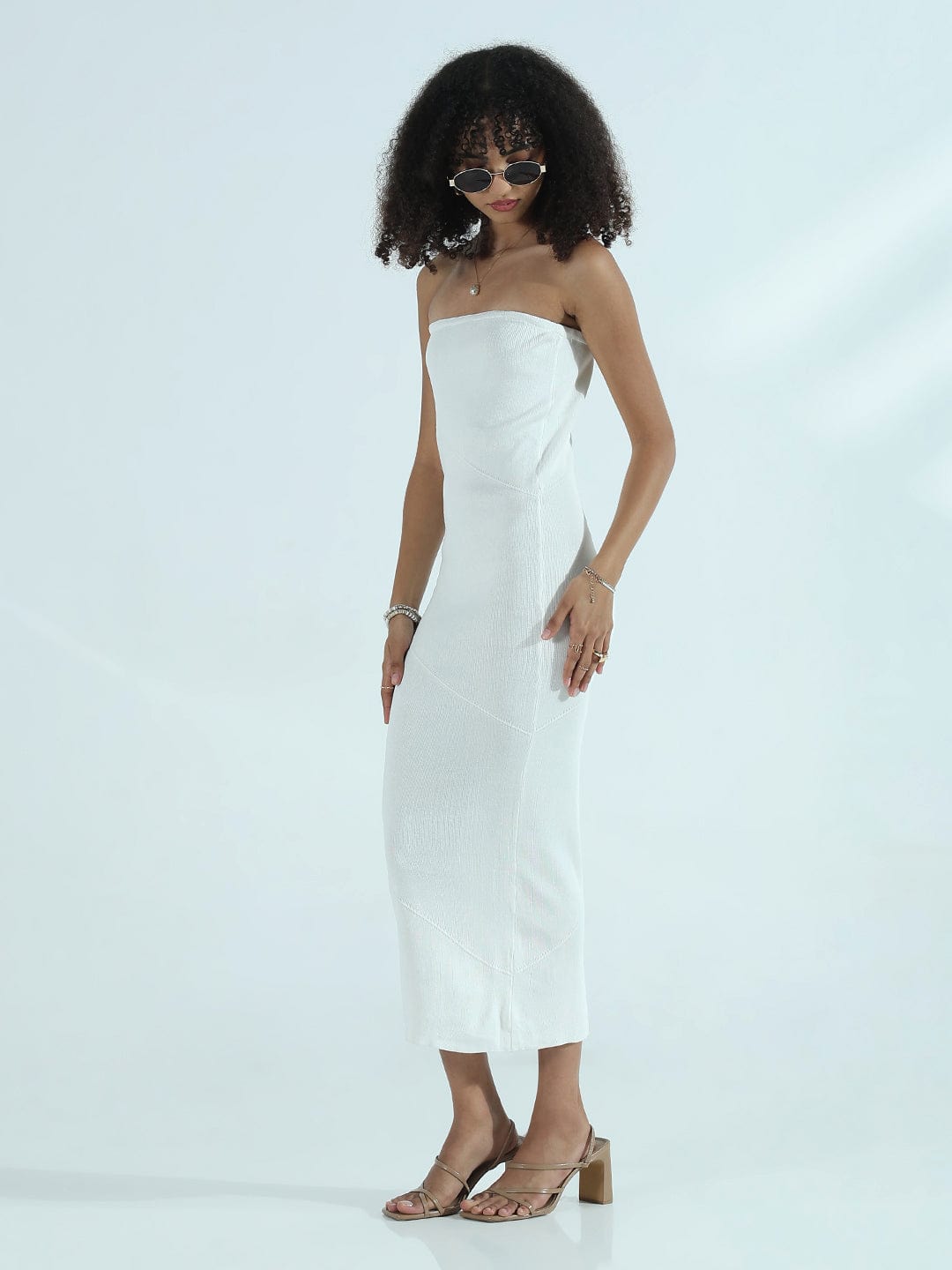 Ribbed White Strapless Bodycon Dress