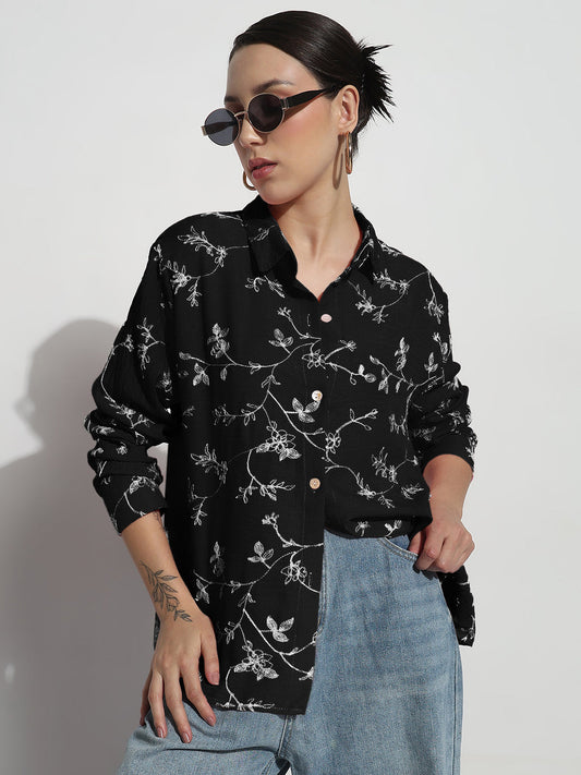 Women's Floral Black Relaxed Fit Shirt