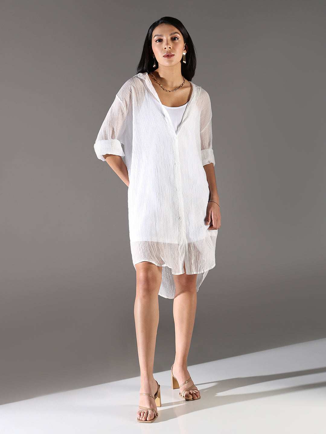 White Long Sleeves Shirt Dress