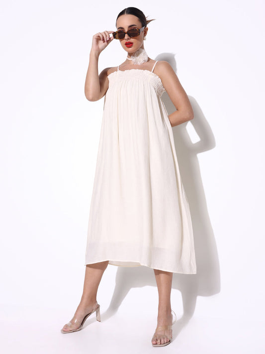 Cream Slip on A-Line Dress with Flower Neck Tie