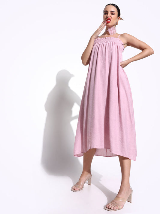Pink Slip on A-Line Dress with Flower Neck Tie