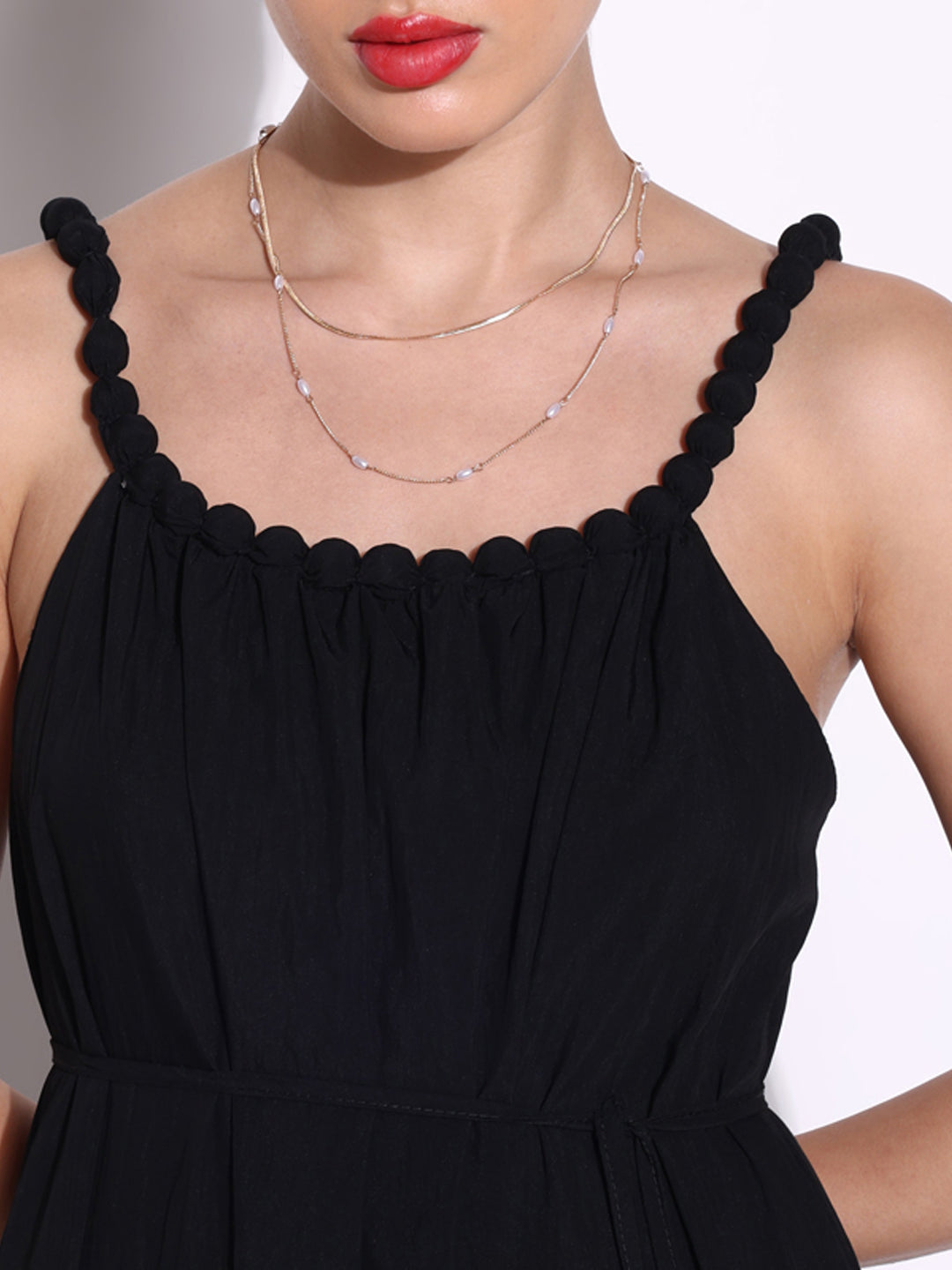 Black Beaded Neck Slip On Maxi Dress with Waist Tie