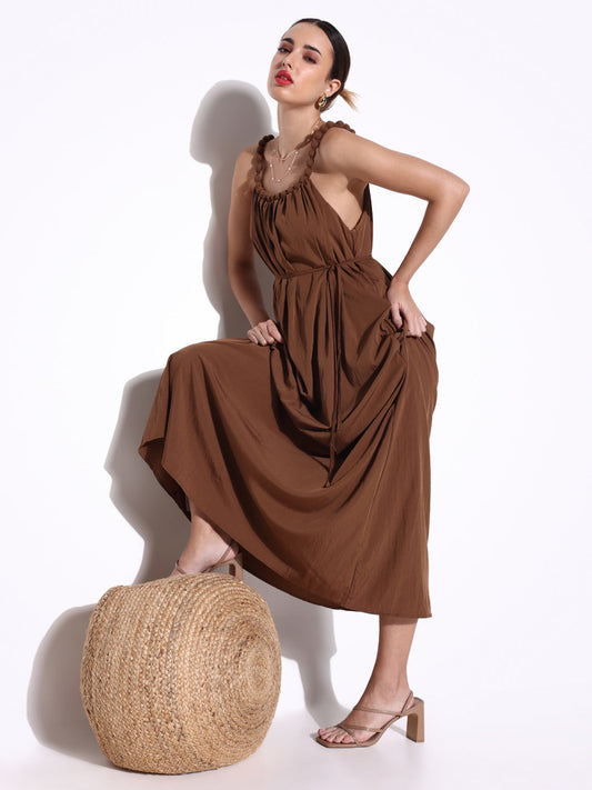 Brown Beaded Neck Slip On Maxi Dress with Waist Tie