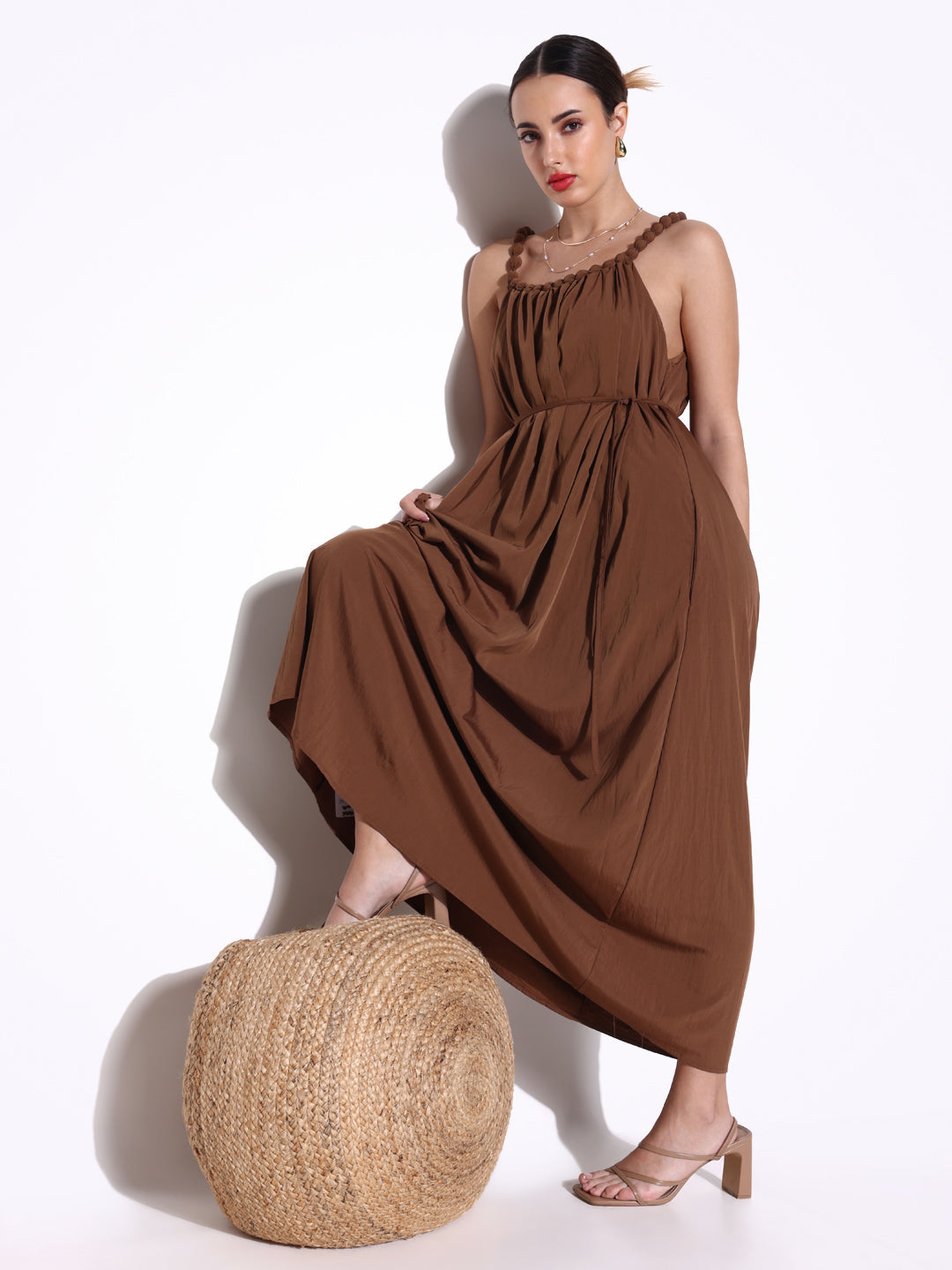 Brown Beaded Neck Slip On Maxi Dress with Waist Tie
