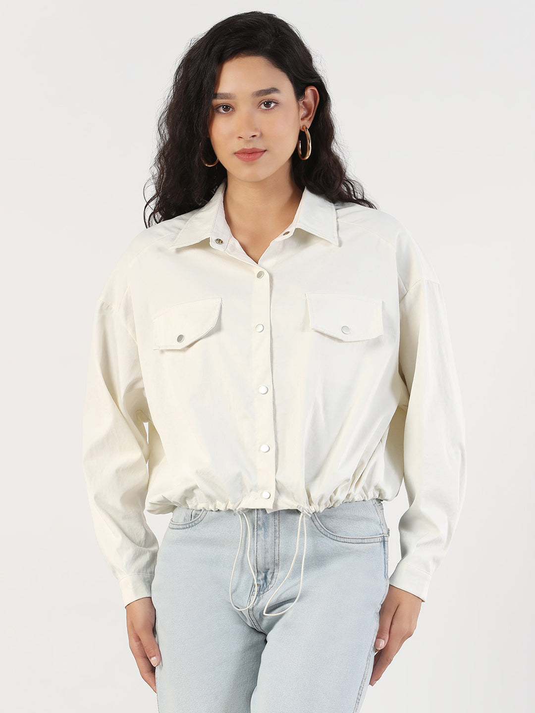 Spread Collar Cream Solid Tailored Jacket