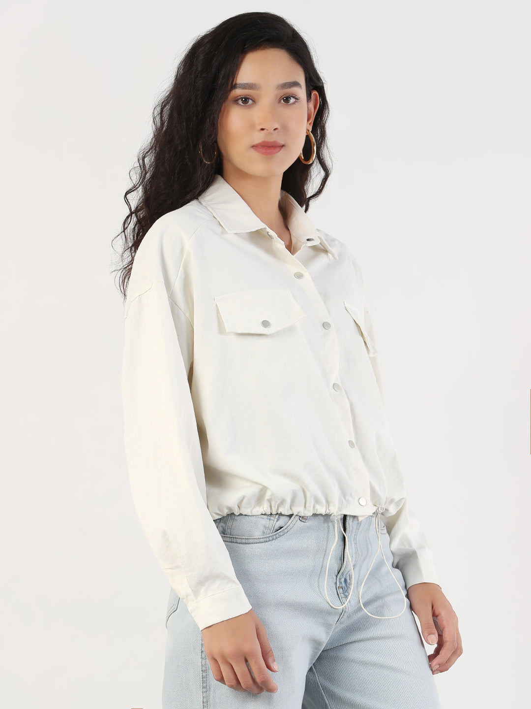 Spread Collar Cream Solid Tailored Jacket