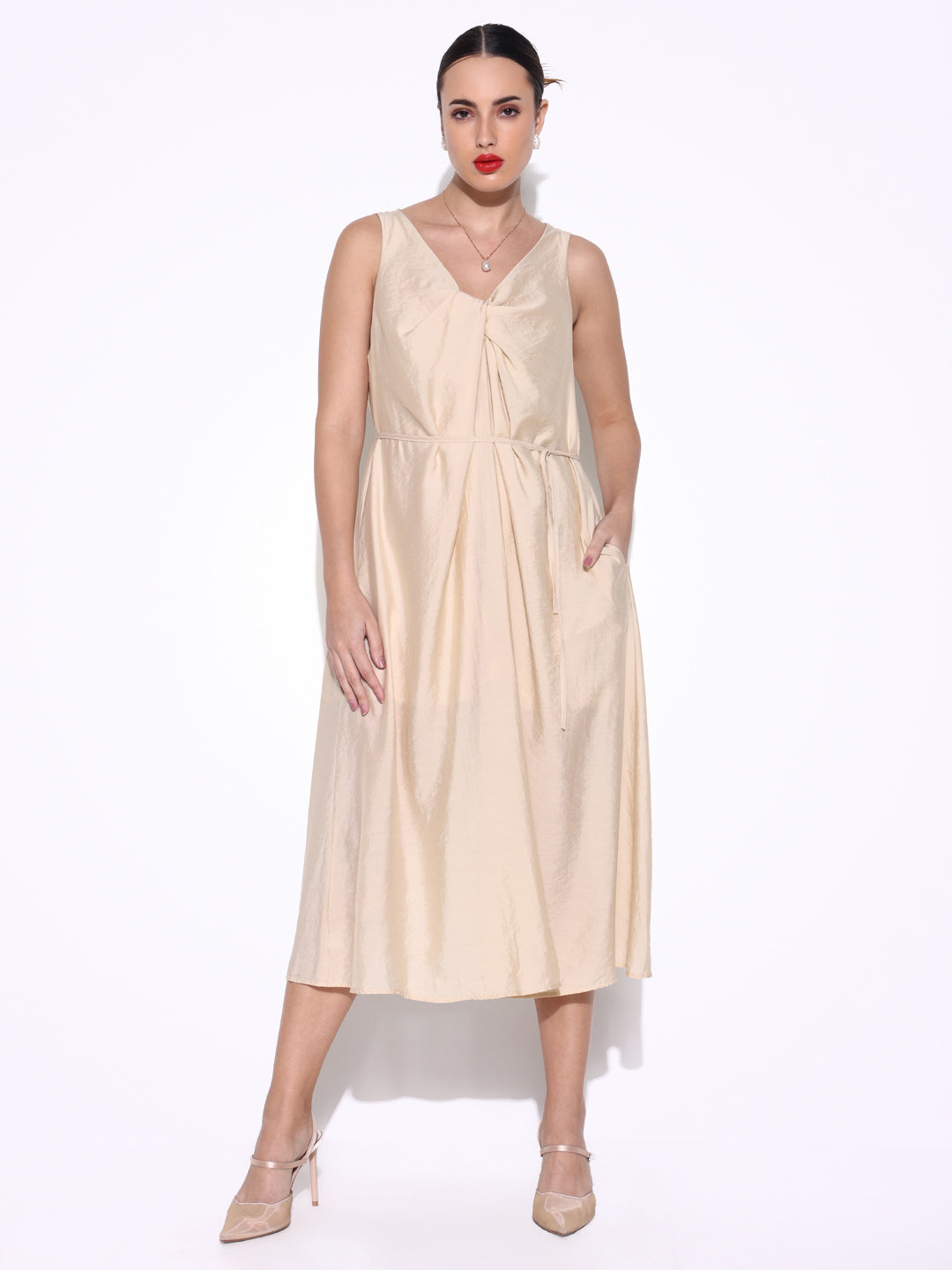 Beige Knot Neck Dress with Waist Tie