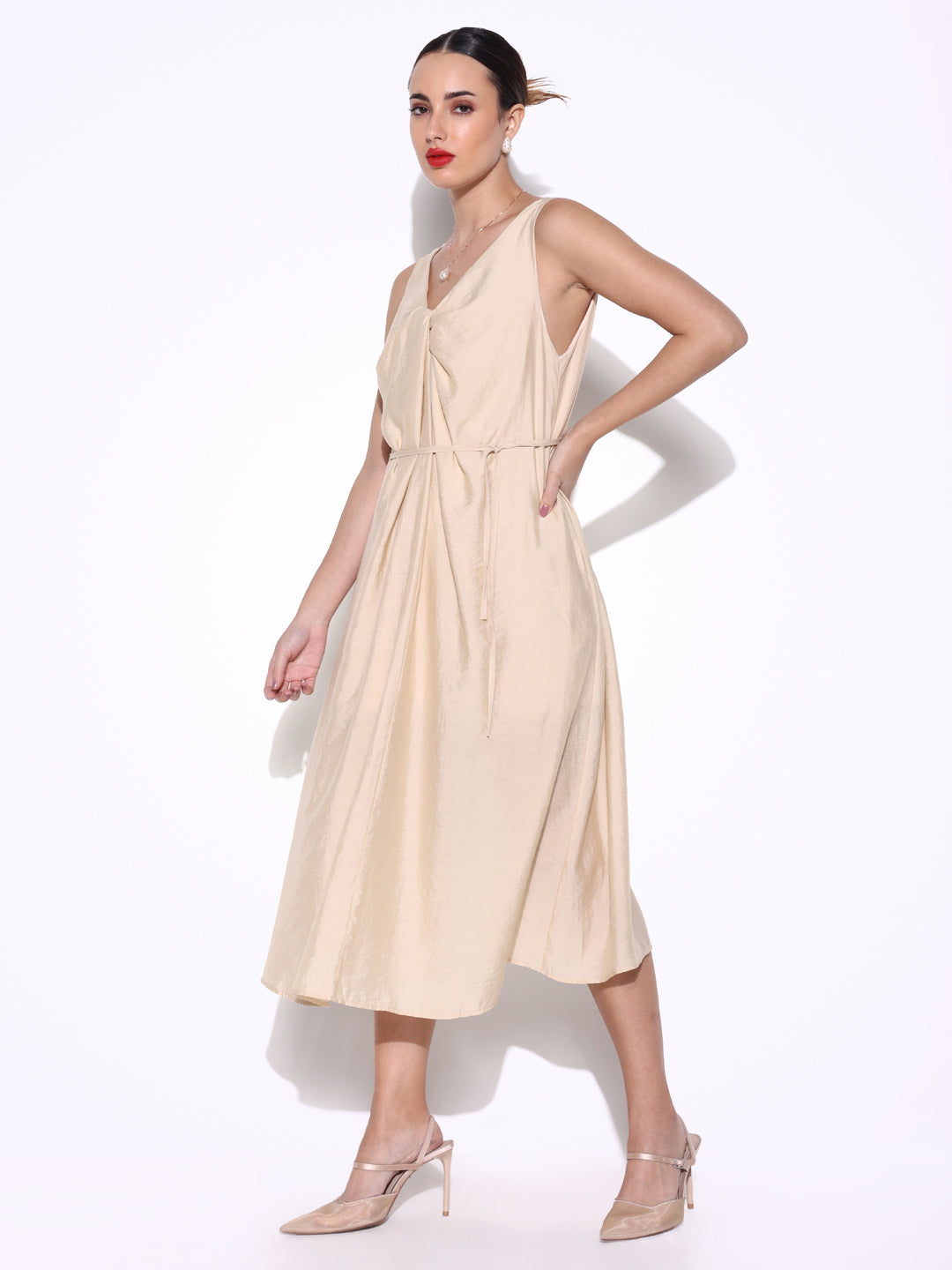 Beige Knot Neck Dress with Waist Tie