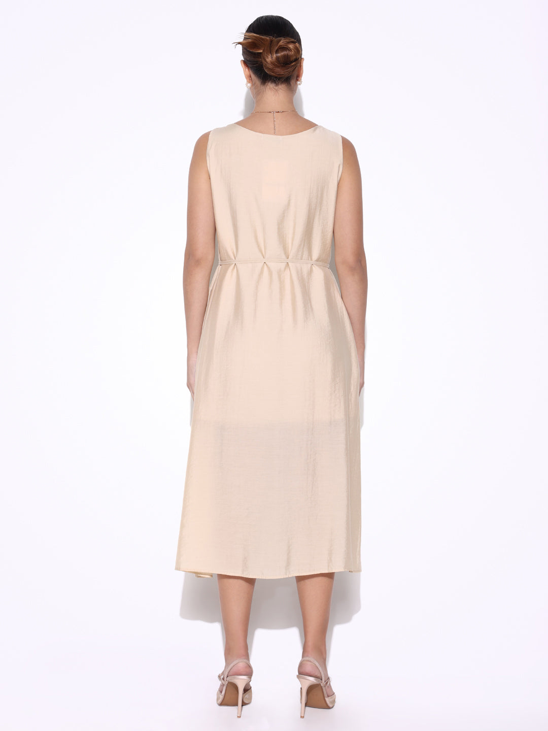 Beige Knot Neck Dress with Waist Tie