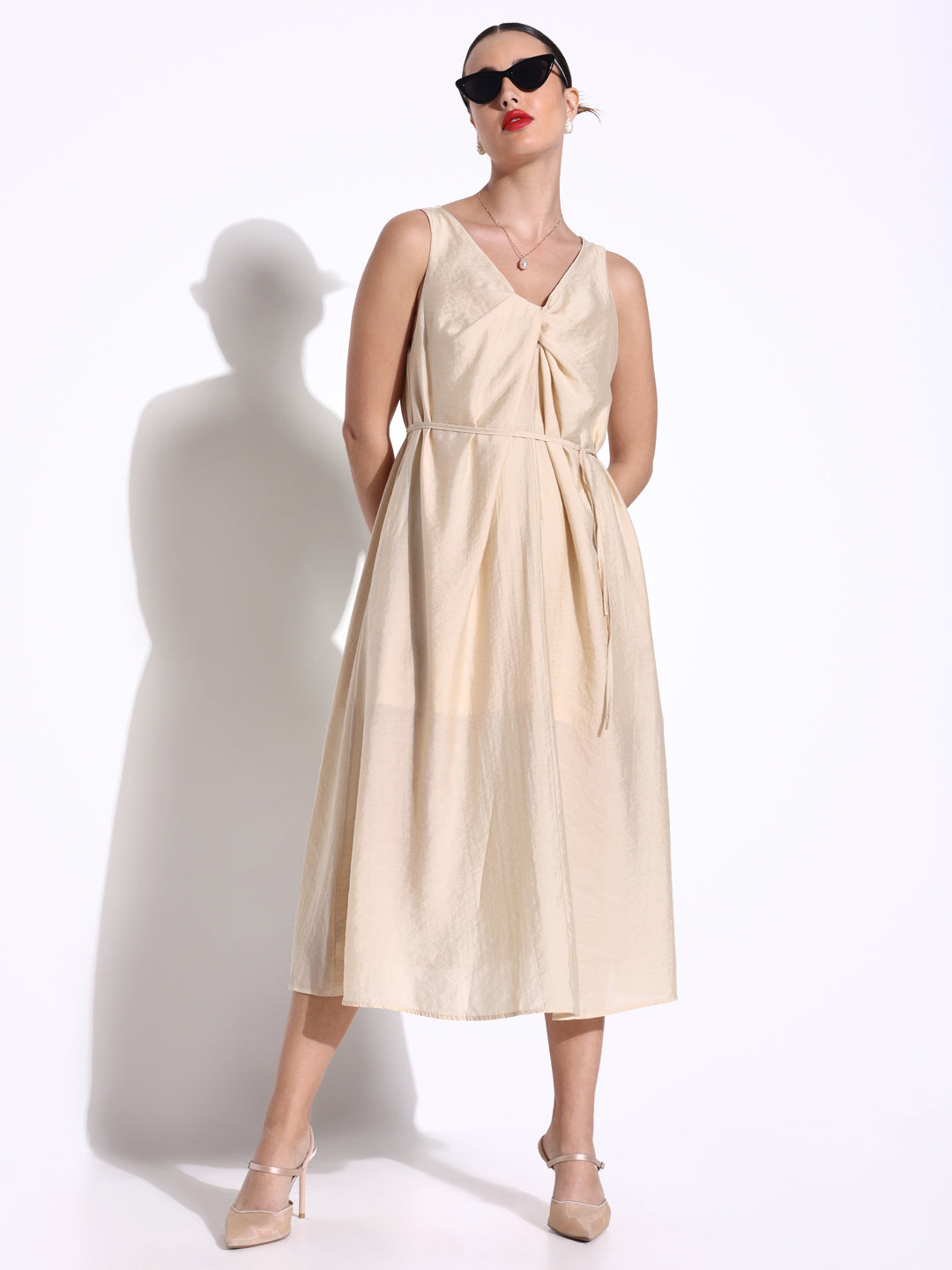 Beige Knot Neck Dress with Waist Tie