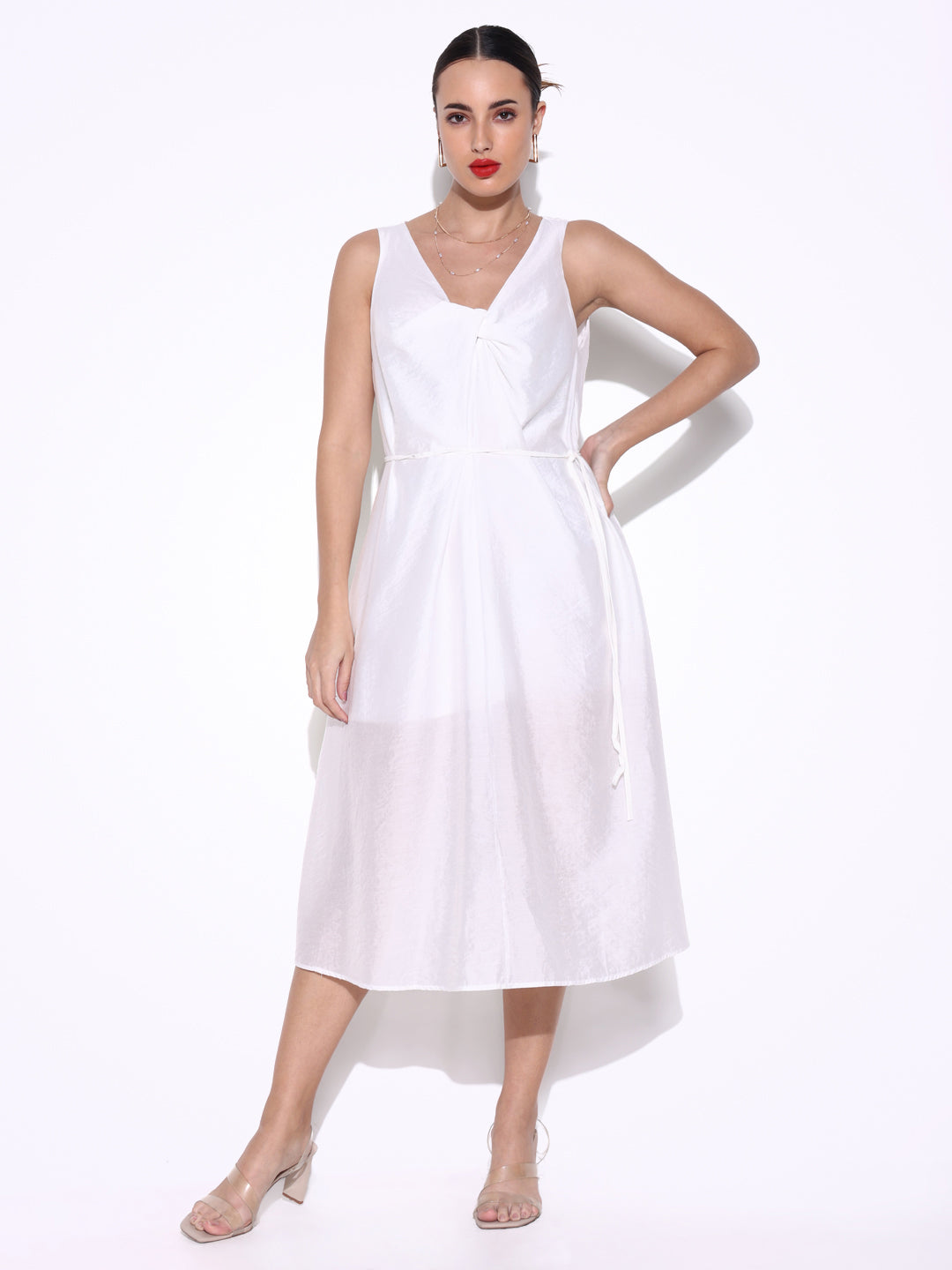 White Knot Neck Dress with Waist Tie