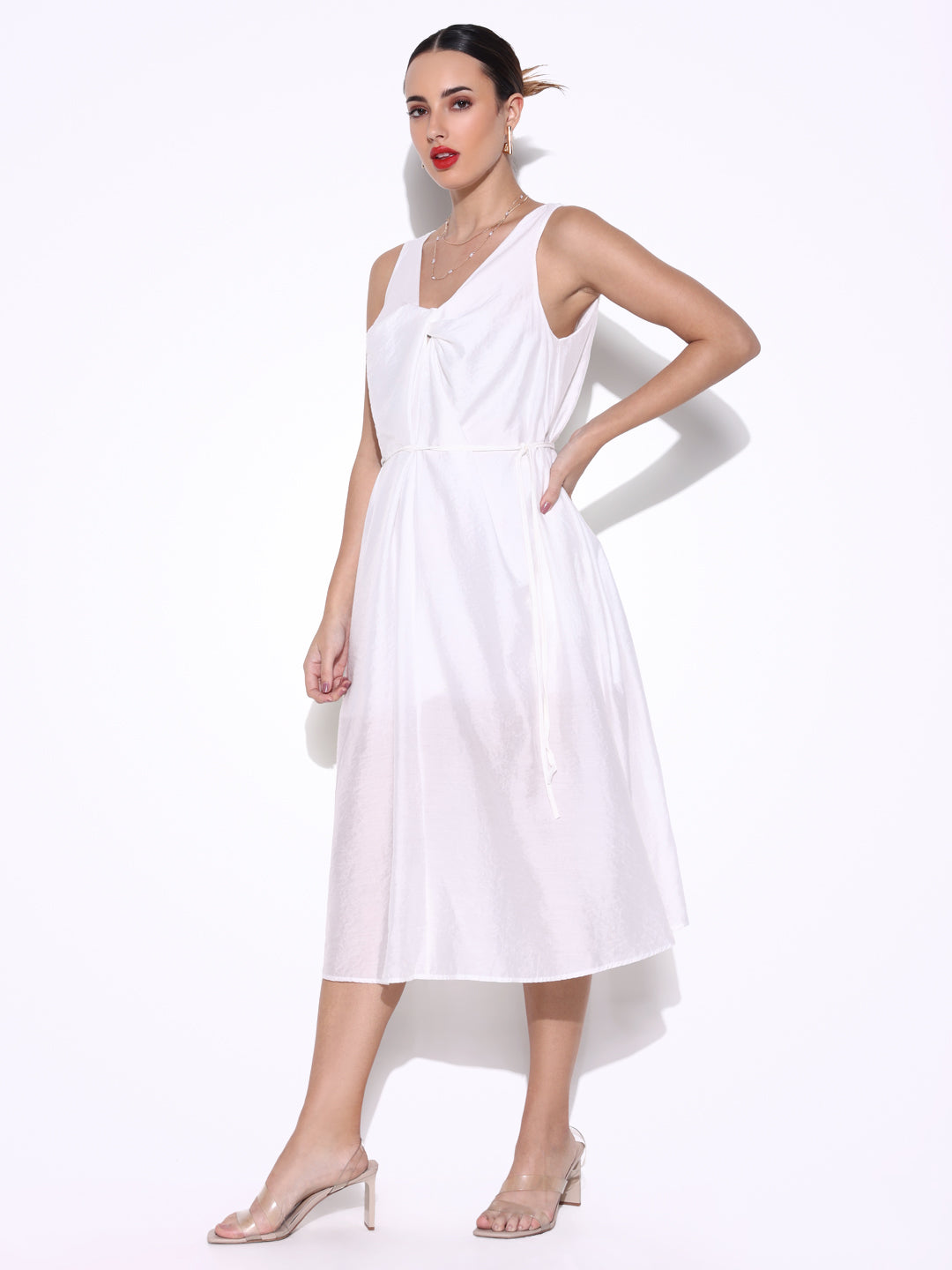 White Knot Neck Dress with Waist Tie