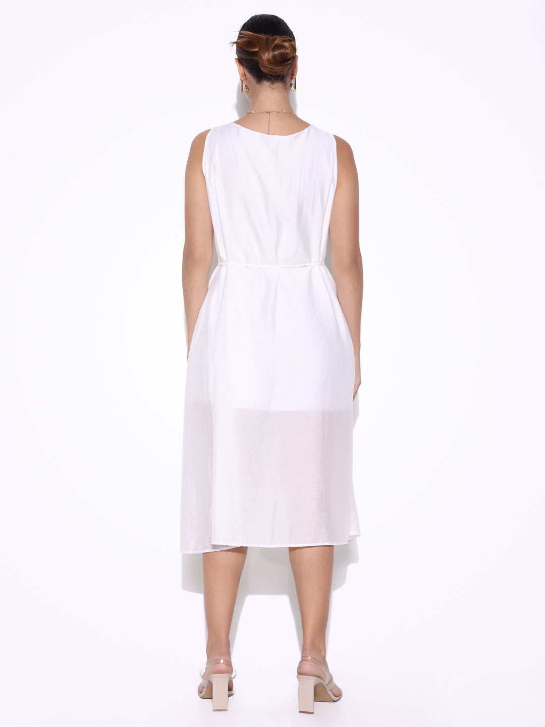 White Knot Neck Dress with Waist Tie