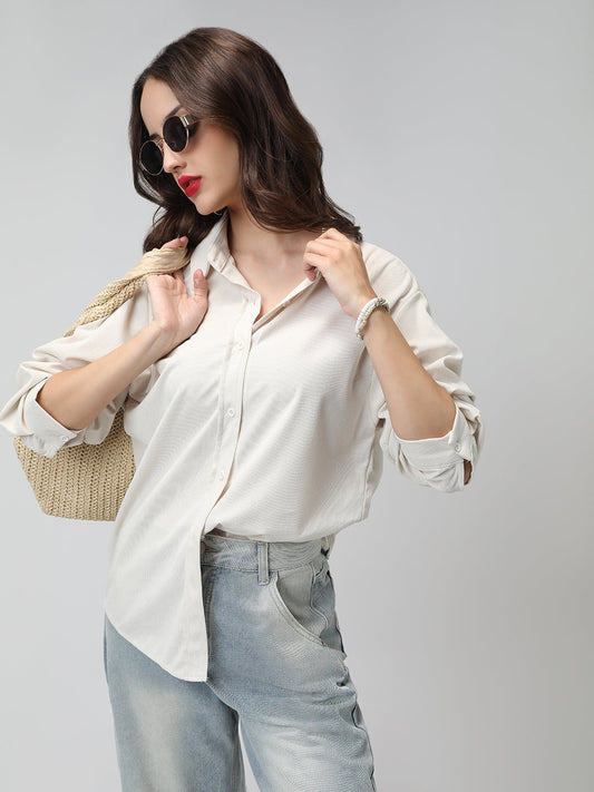 Women's Off White Spread Collar Relaxed Fit Shirts