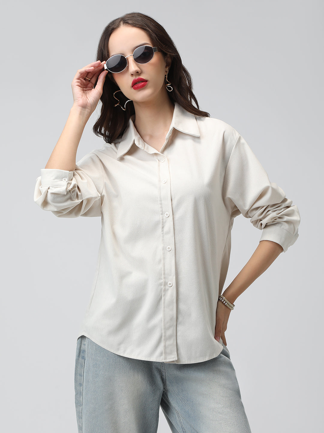 Women's Off White Spread Collar Relaxed Fit Shirts