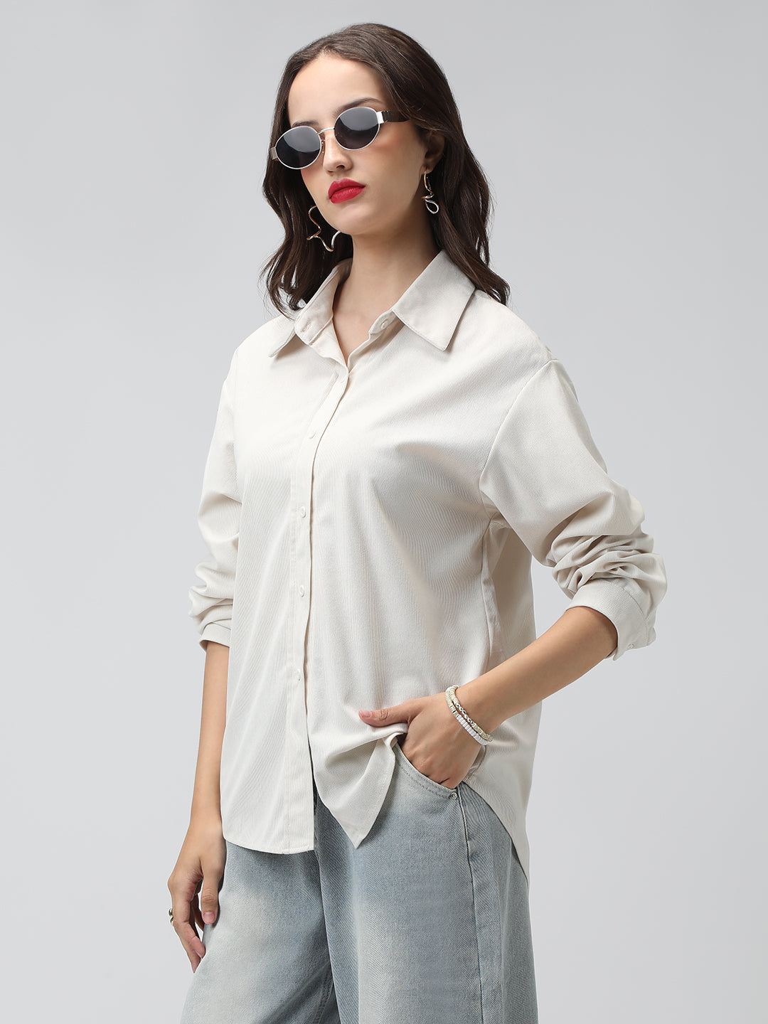 Women's Off White Spread Collar Relaxed Fit Shirts