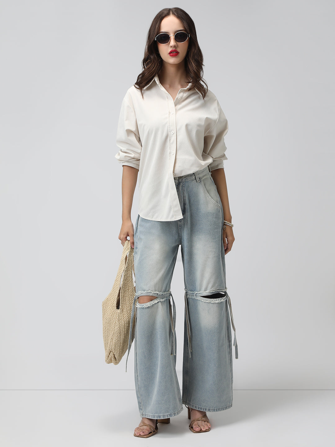 Women's Off White Spread Collar Relaxed Fit Shirts