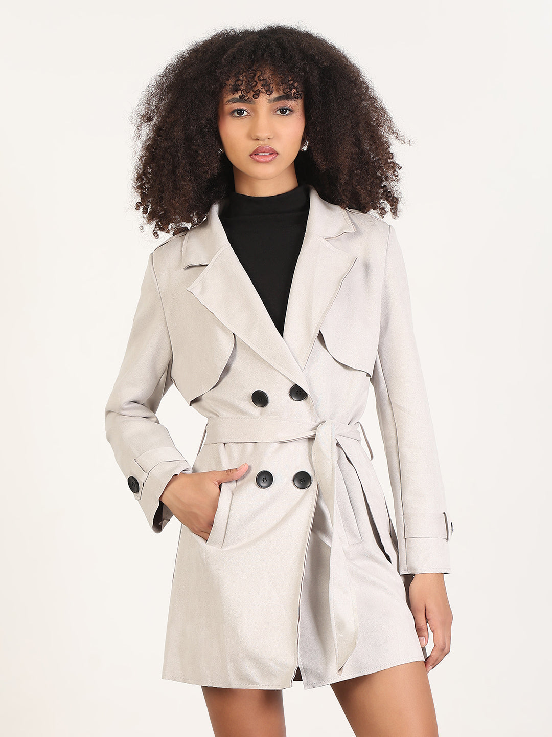 Solid Grey Spread Collar Trench Coat with Fabric Belt