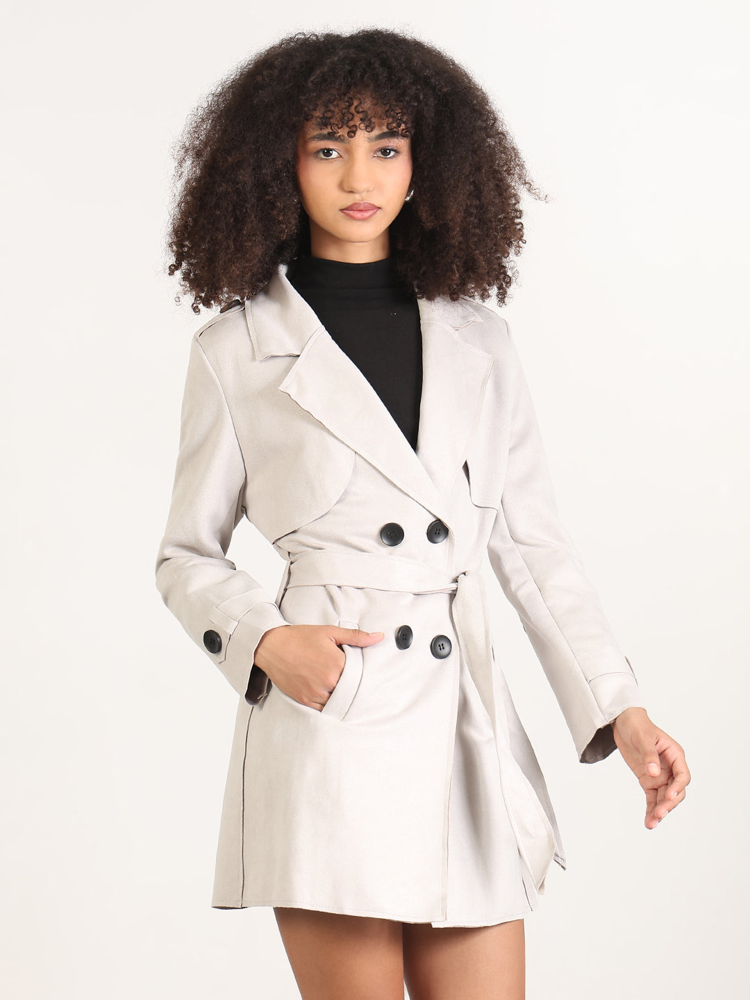 Solid Grey Spread Collar Trench Coat with Fabric Belt