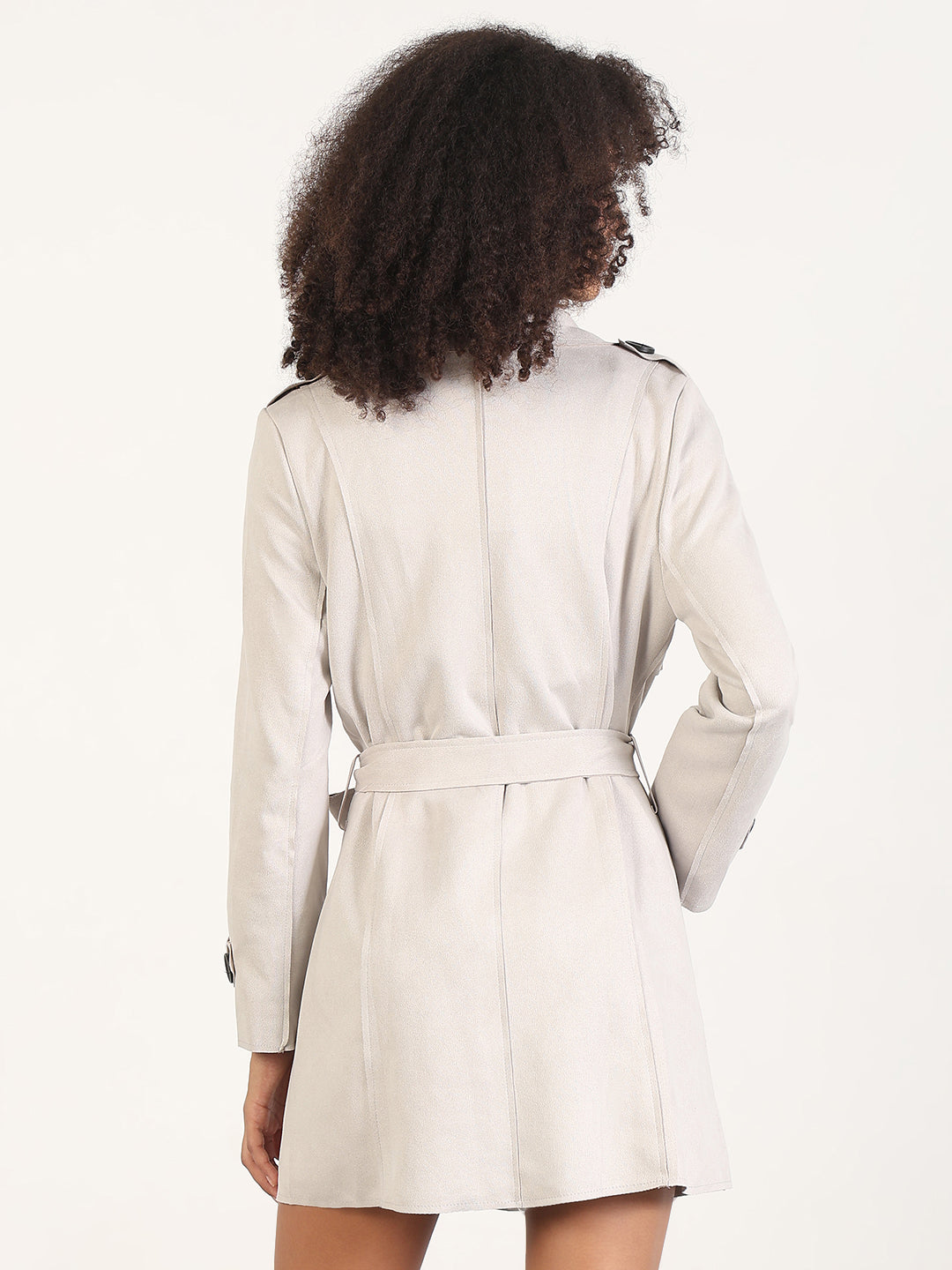 Solid Grey Spread Collar Trench Coat with Fabric Belt