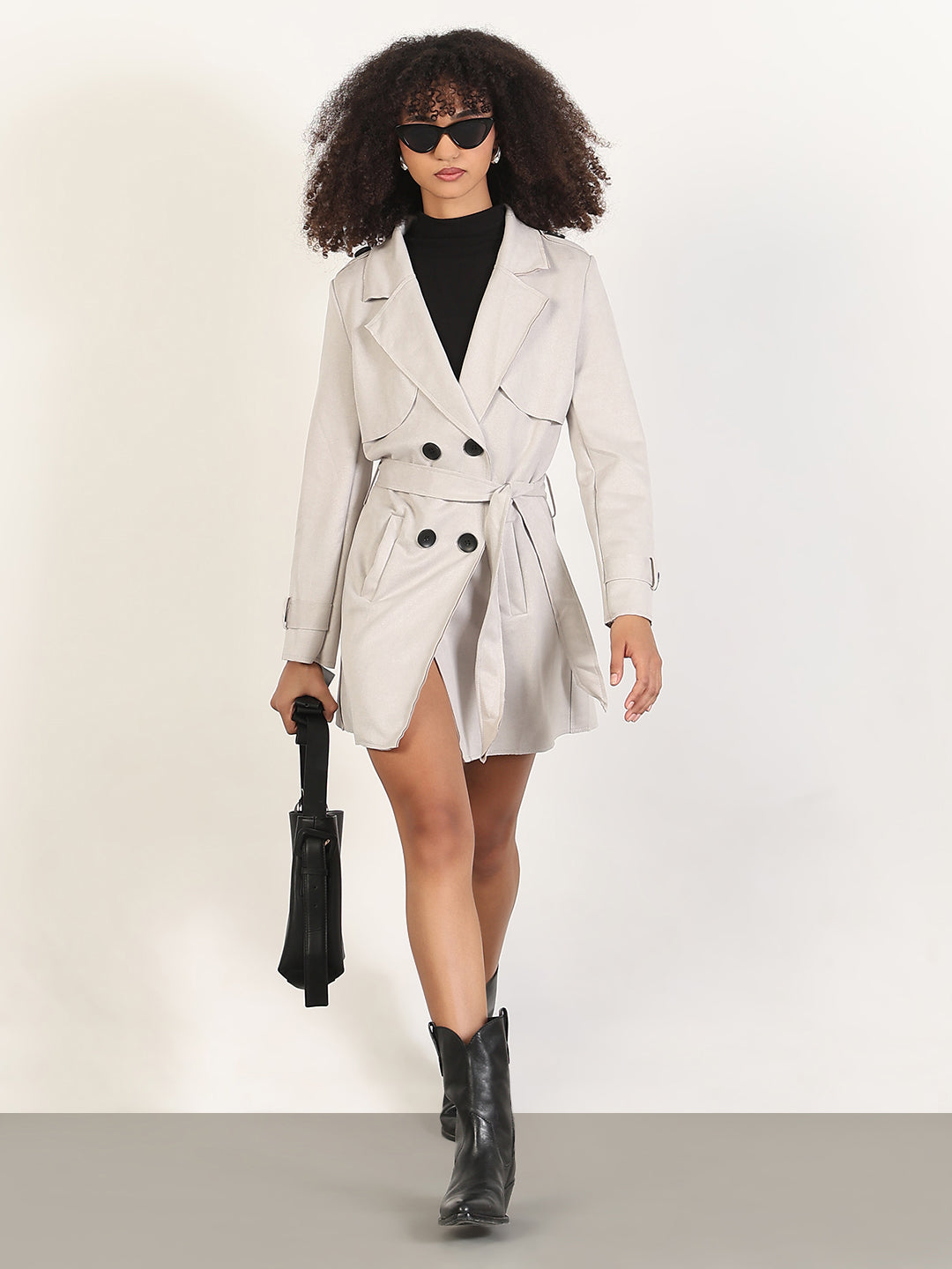 Solid Grey Spread Collar Trench Coat with Fabric Belt