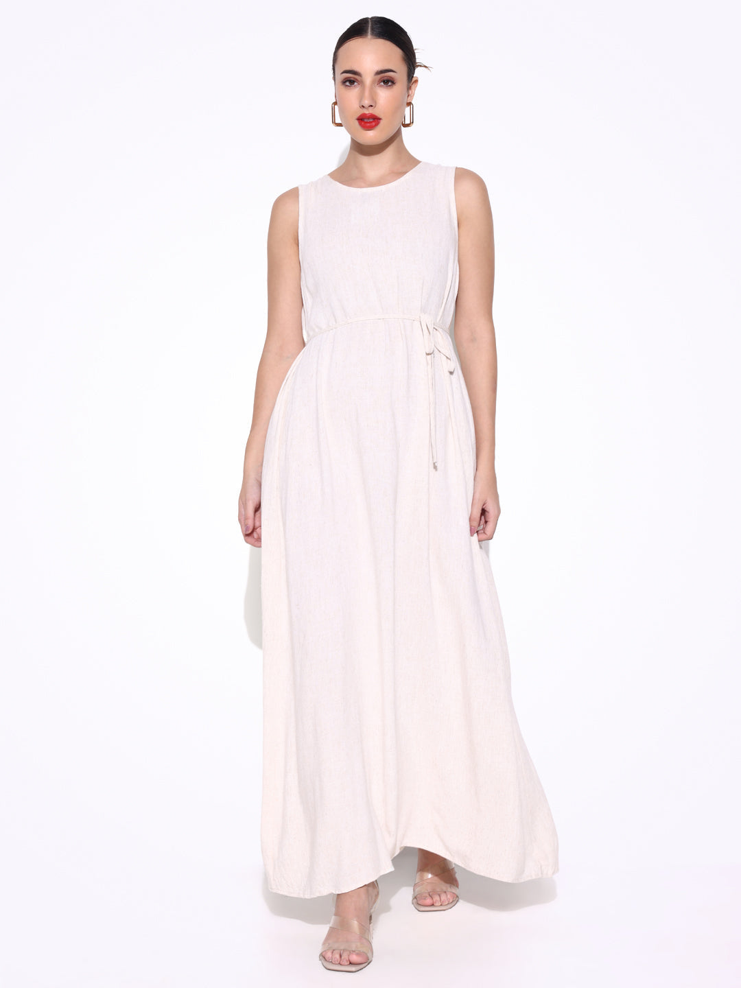 Solid Cream Linen Maxi Dress with Waist Tie