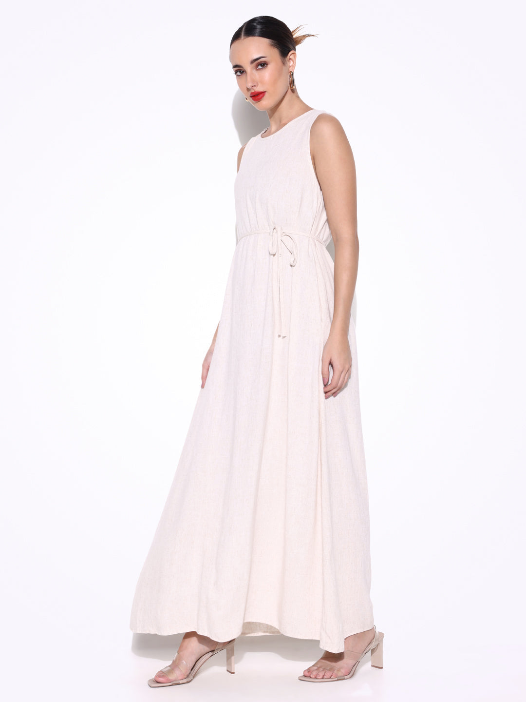 Solid Cream Linen Maxi Dress with Waist Tie