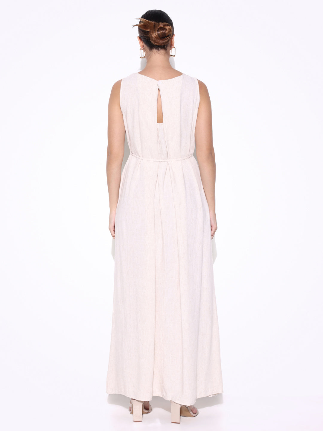 Solid Cream Linen Maxi Dress with Waist Tie