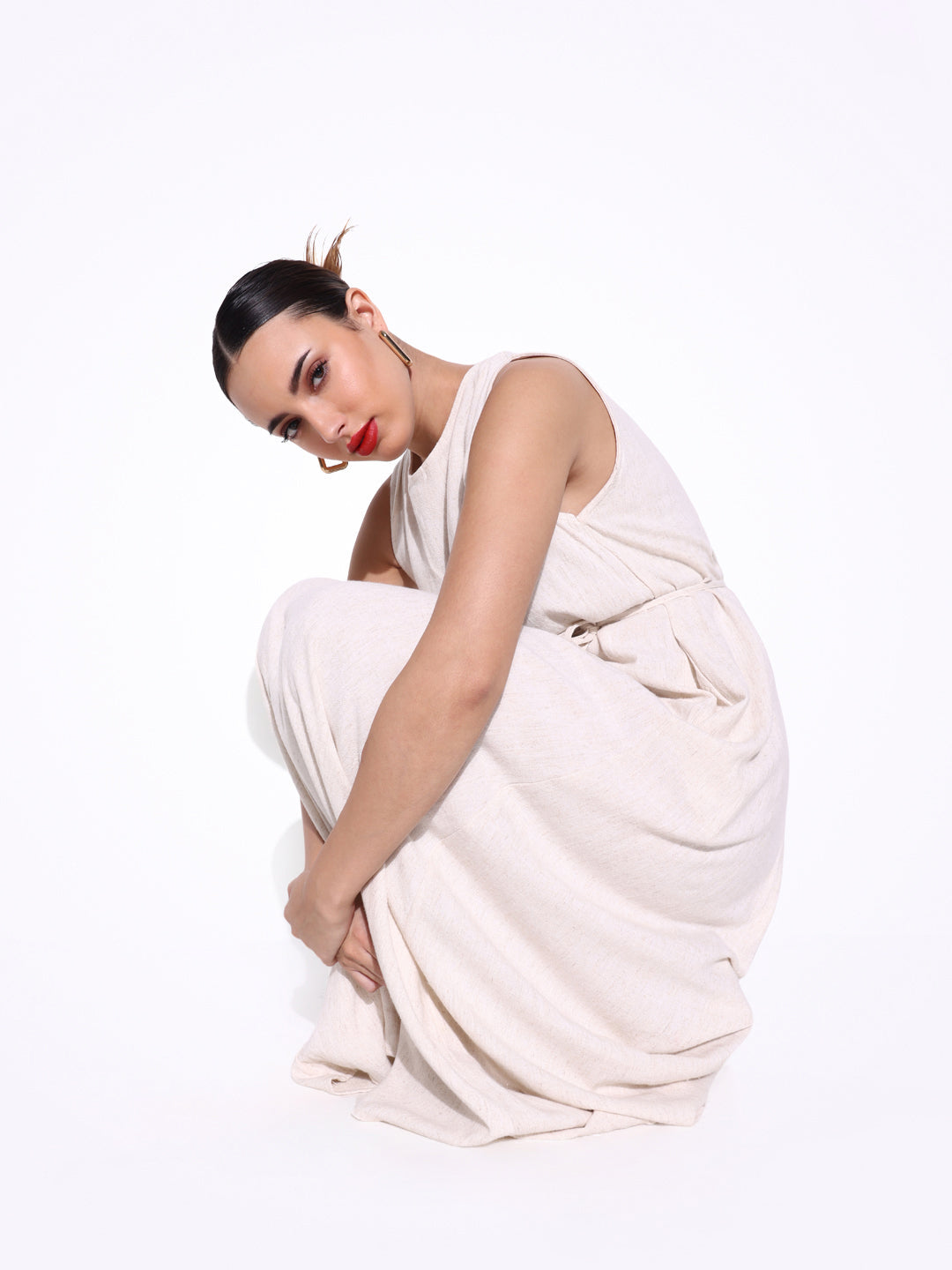 Solid Cream Linen Maxi Dress with Waist Tie