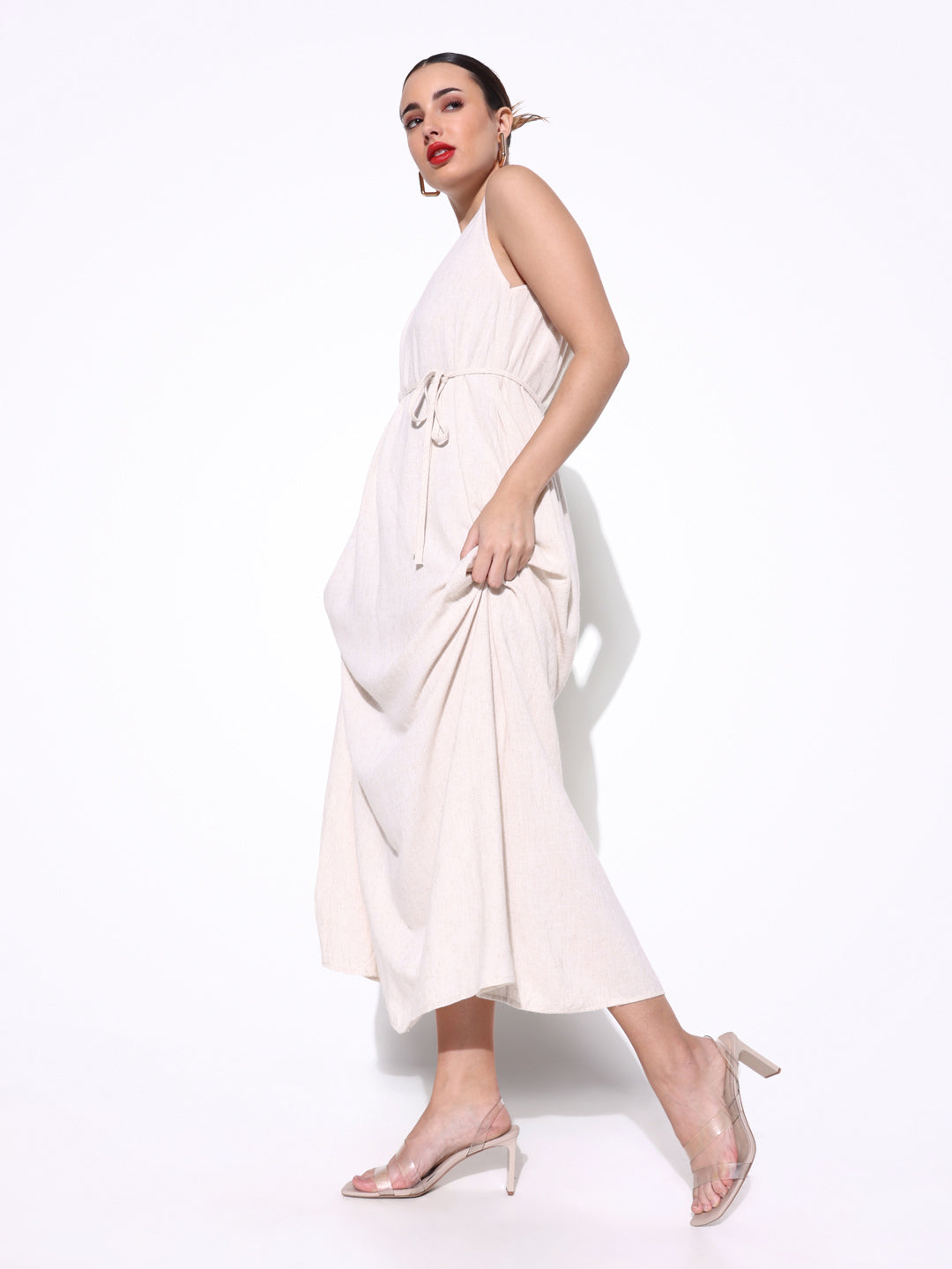 Solid Cream Linen Maxi Dress with Waist Tie