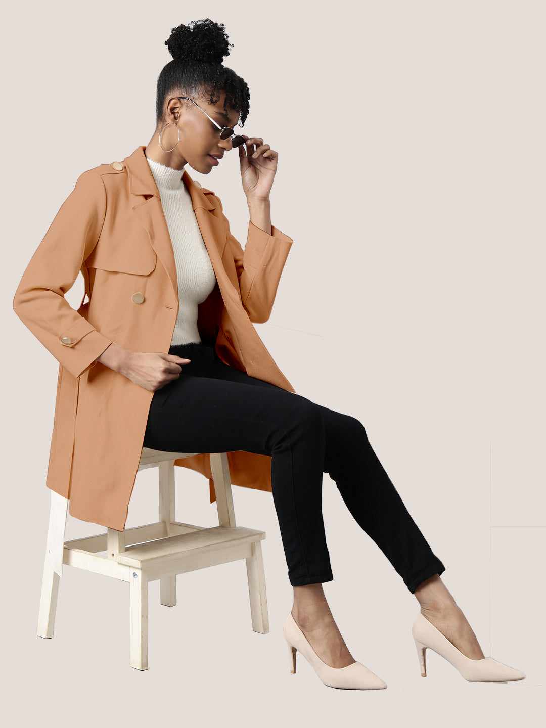 Solid Brown Longline Trench Coat with Belt