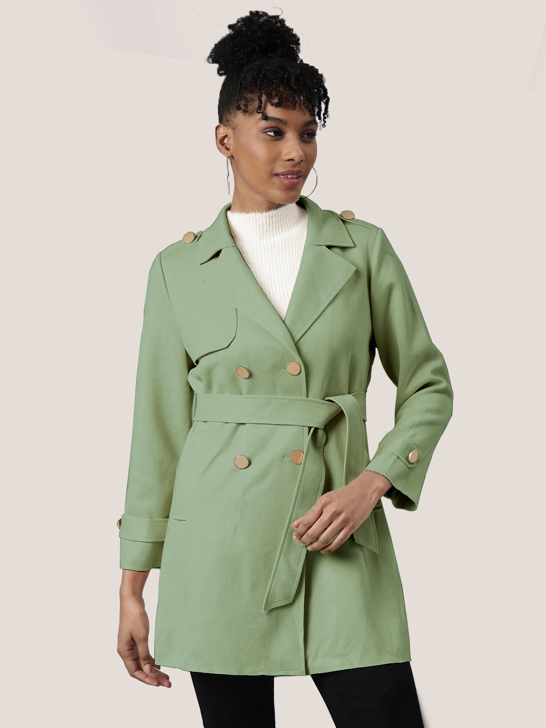 Solid Green Longline Trench Coat with Belt