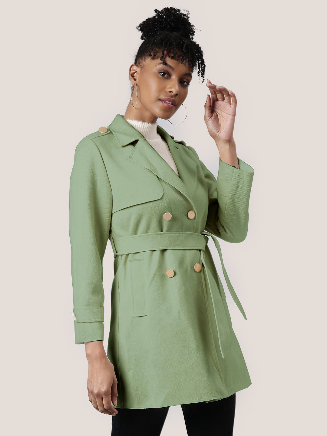 Solid Green Longline Trench Coat with Belt