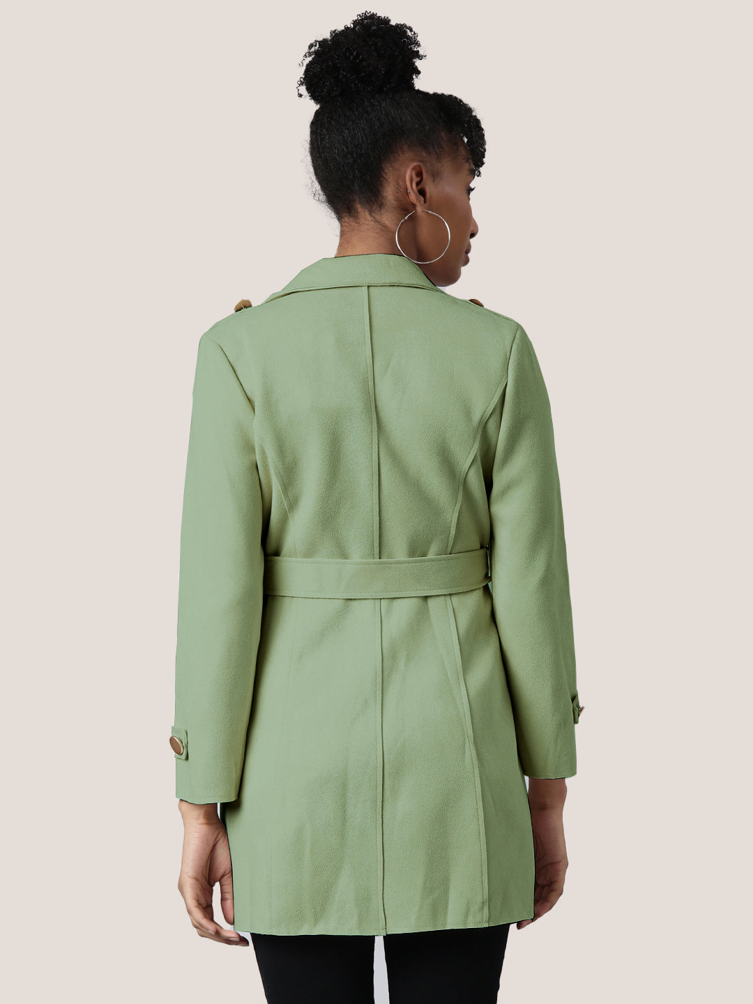 Solid Green Longline Trench Coat with Belt