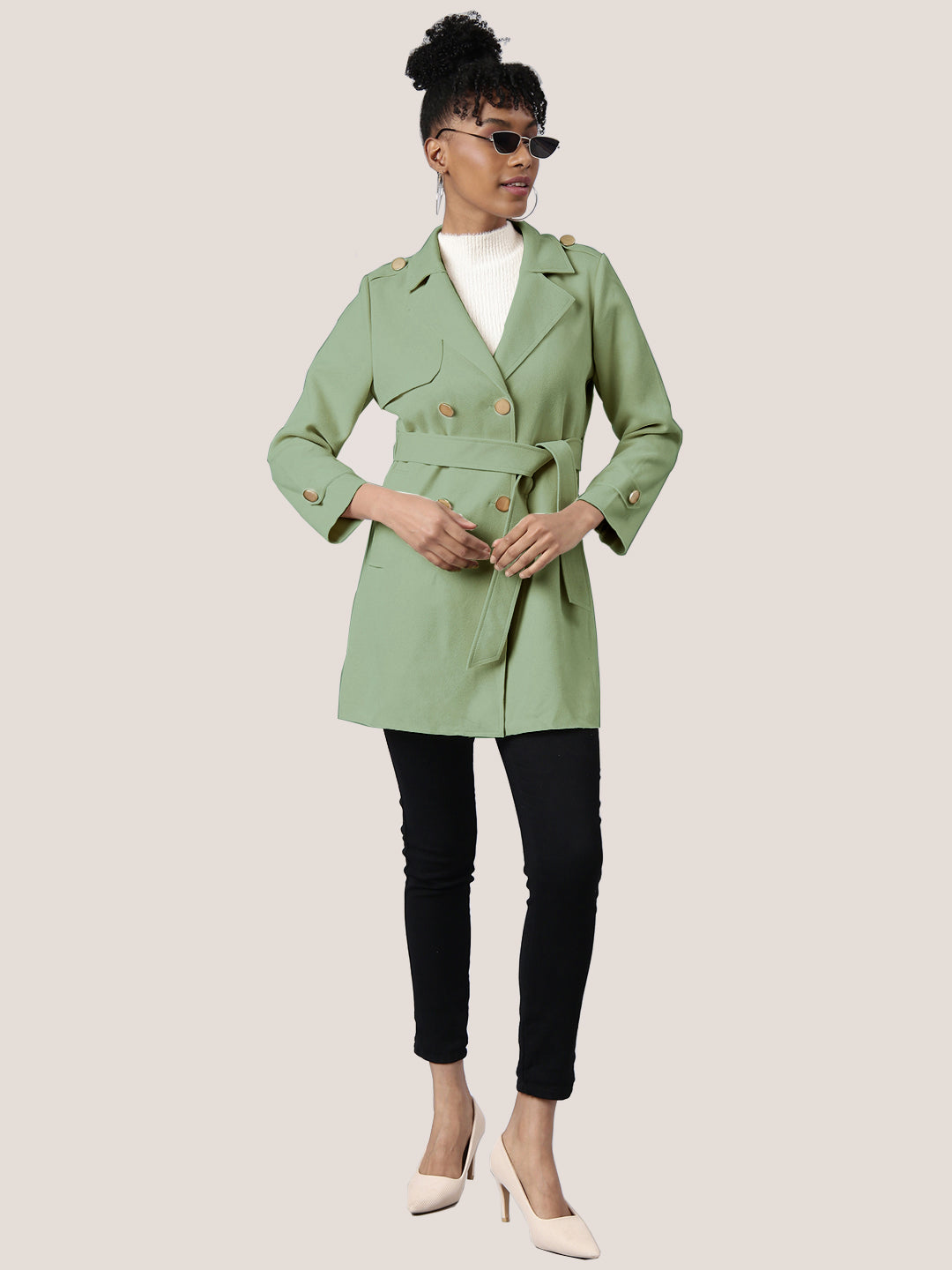 Solid Green Longline Trench Coat with Belt