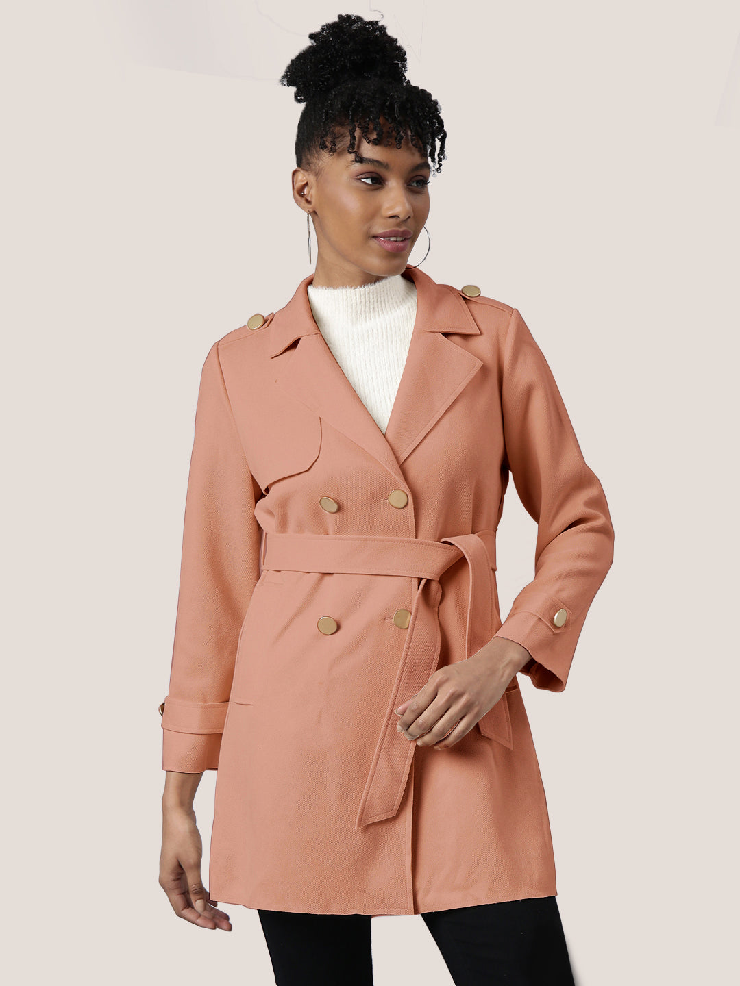 Solid Peach Longline Trench Coat with Belt