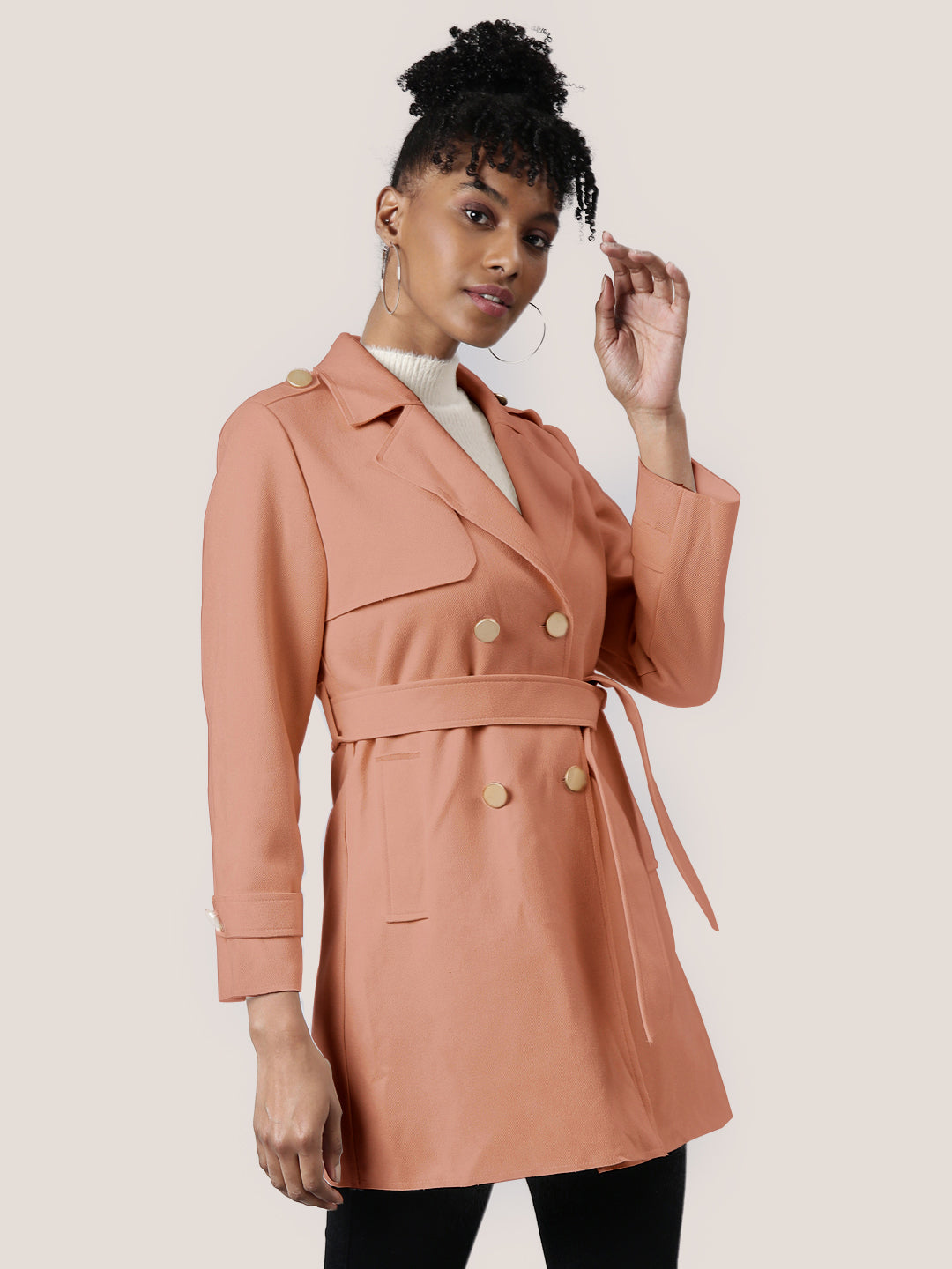 Solid Peach Longline Trench Coat with Belt