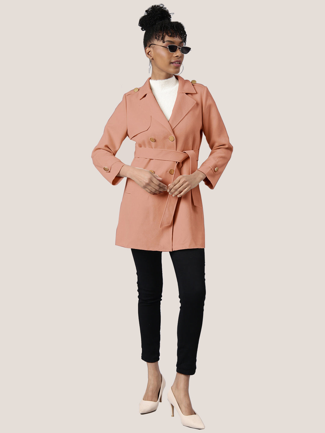 Solid Peach Longline Trench Coat with Belt