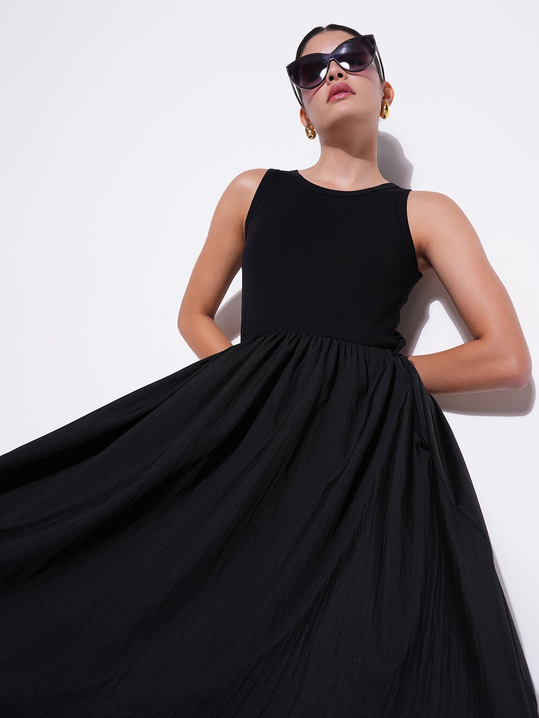 Black Cotton Fit and Flare Midi Dress