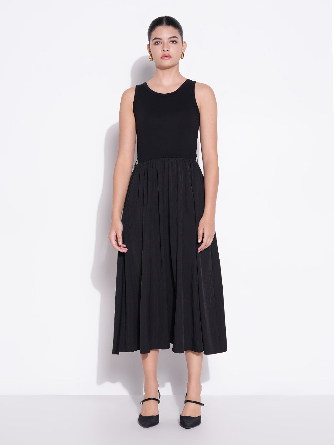 Black Cotton Fit and Flare Midi Dress