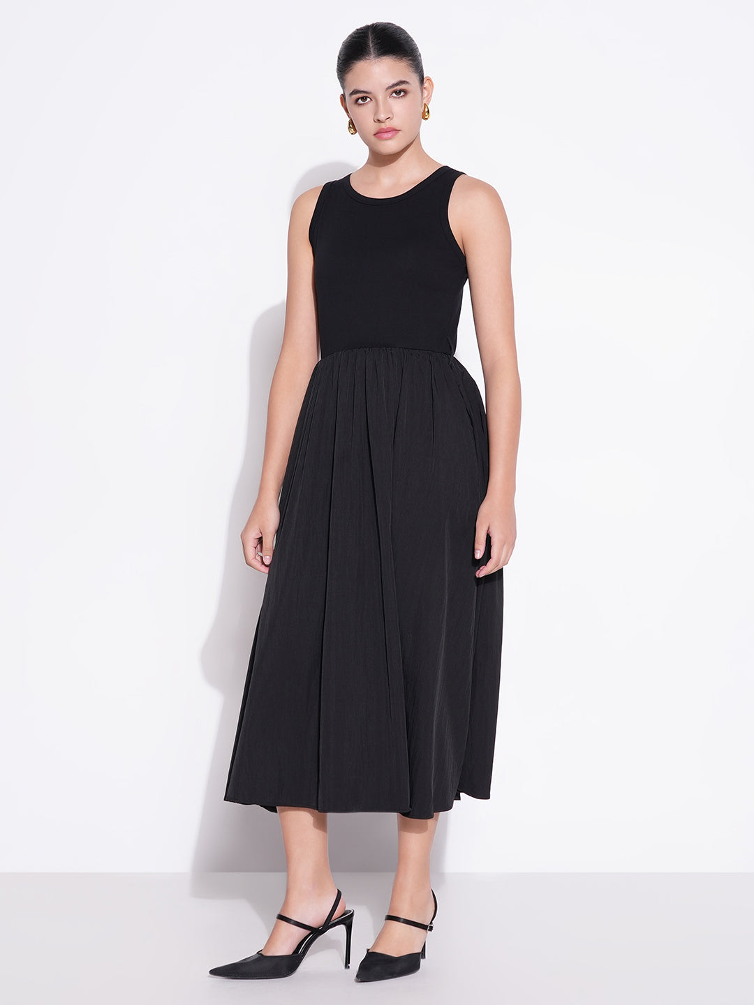 Black Cotton Fit and Flare Midi Dress