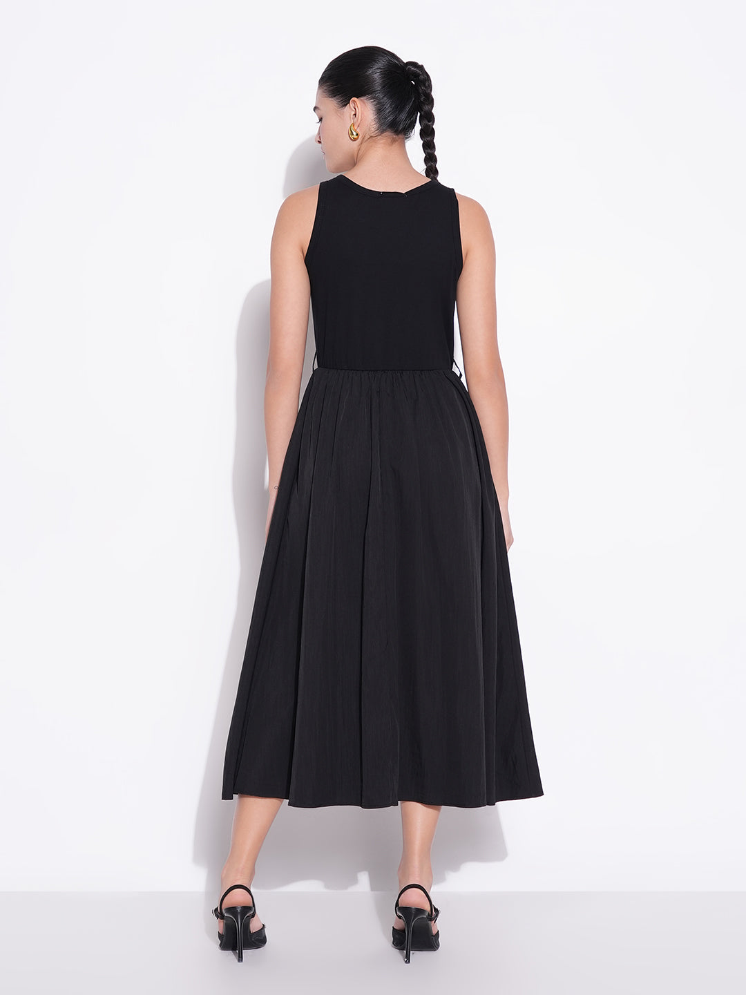 Black Cotton Fit and Flare Midi Dress