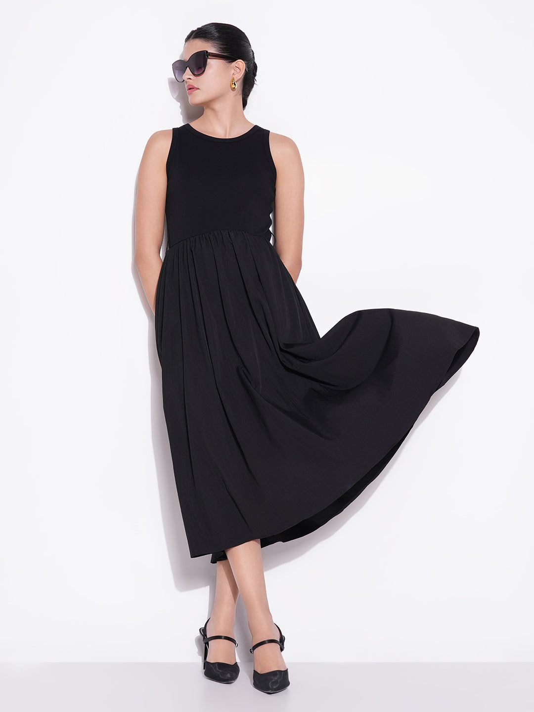Black Cotton Fit and Flare Midi Dress