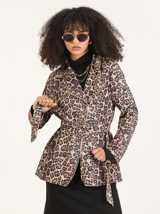 Animal Print Beige Lapel Collar Trench Coat with Fabric Belt And Zipped Cuff