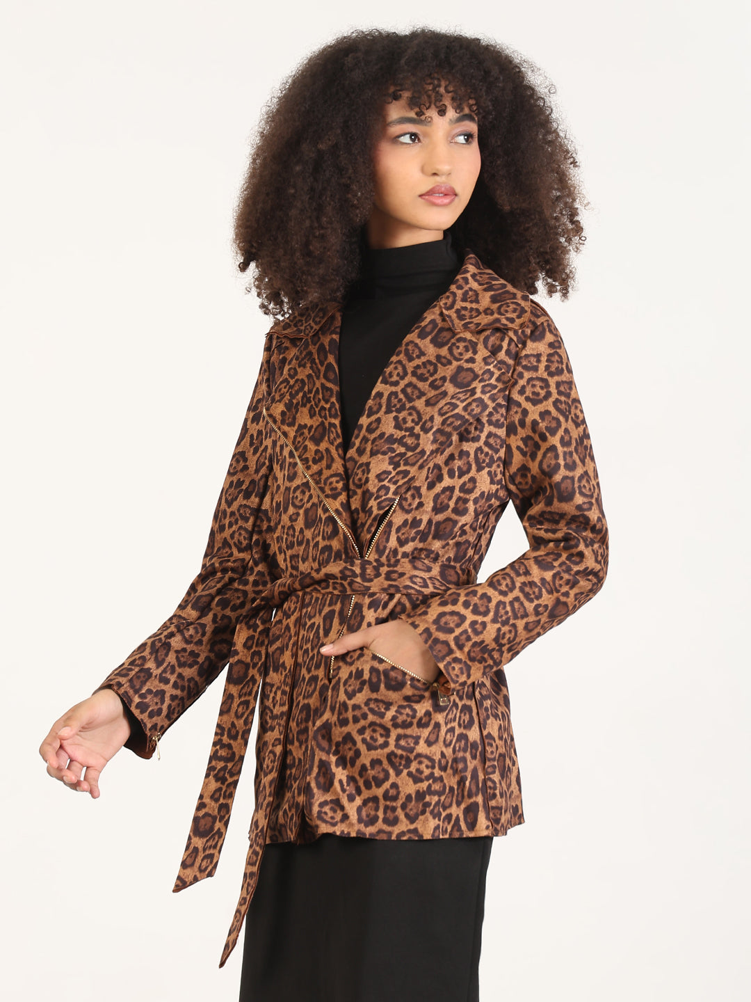 Animal Print Brown Lapel Collar Trench Coat with Fabric Belt And Zipped Cuff