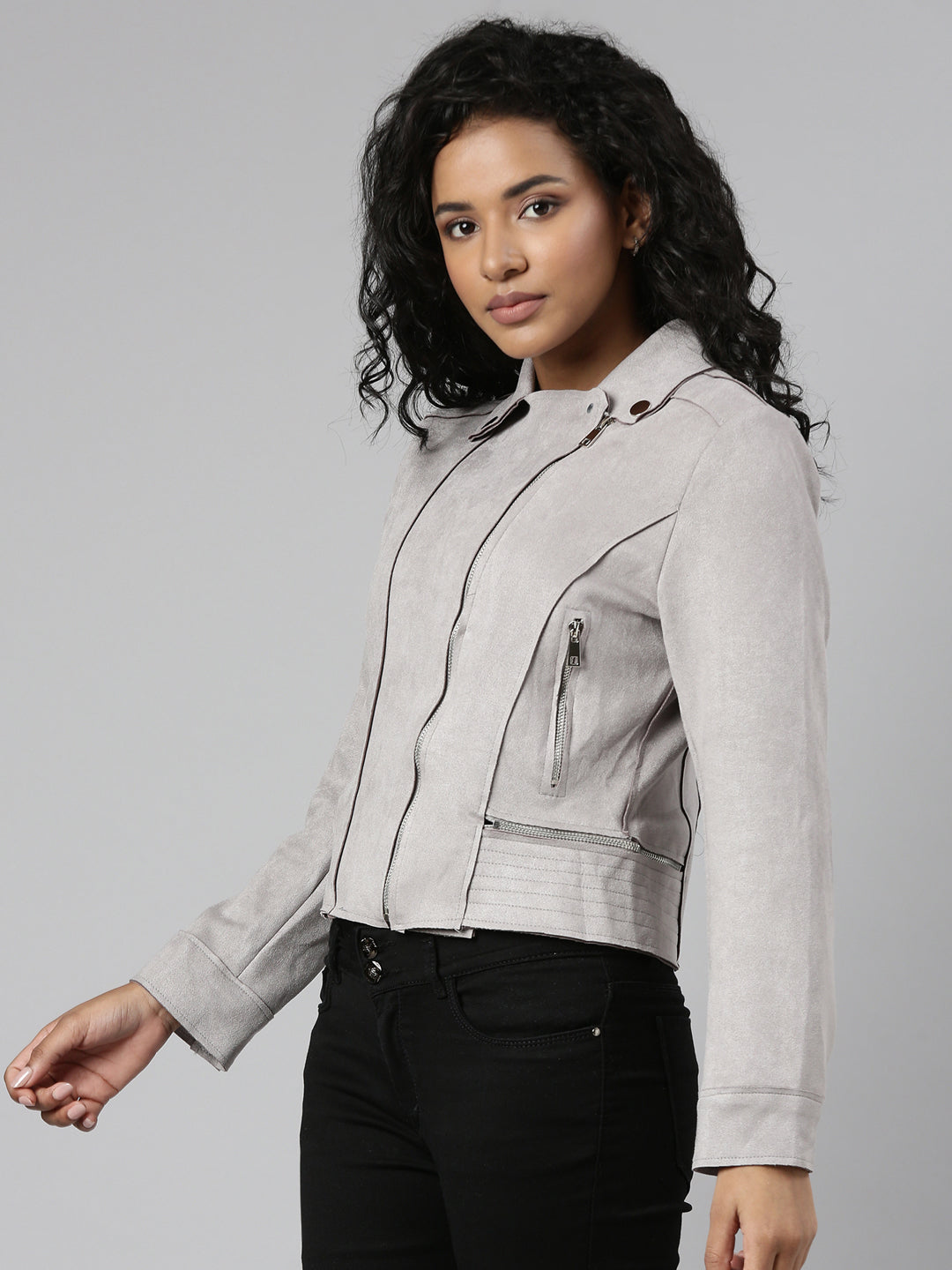 Grey Spread Collar Long Sleeve Zip Detail Crop Tailored Jacket