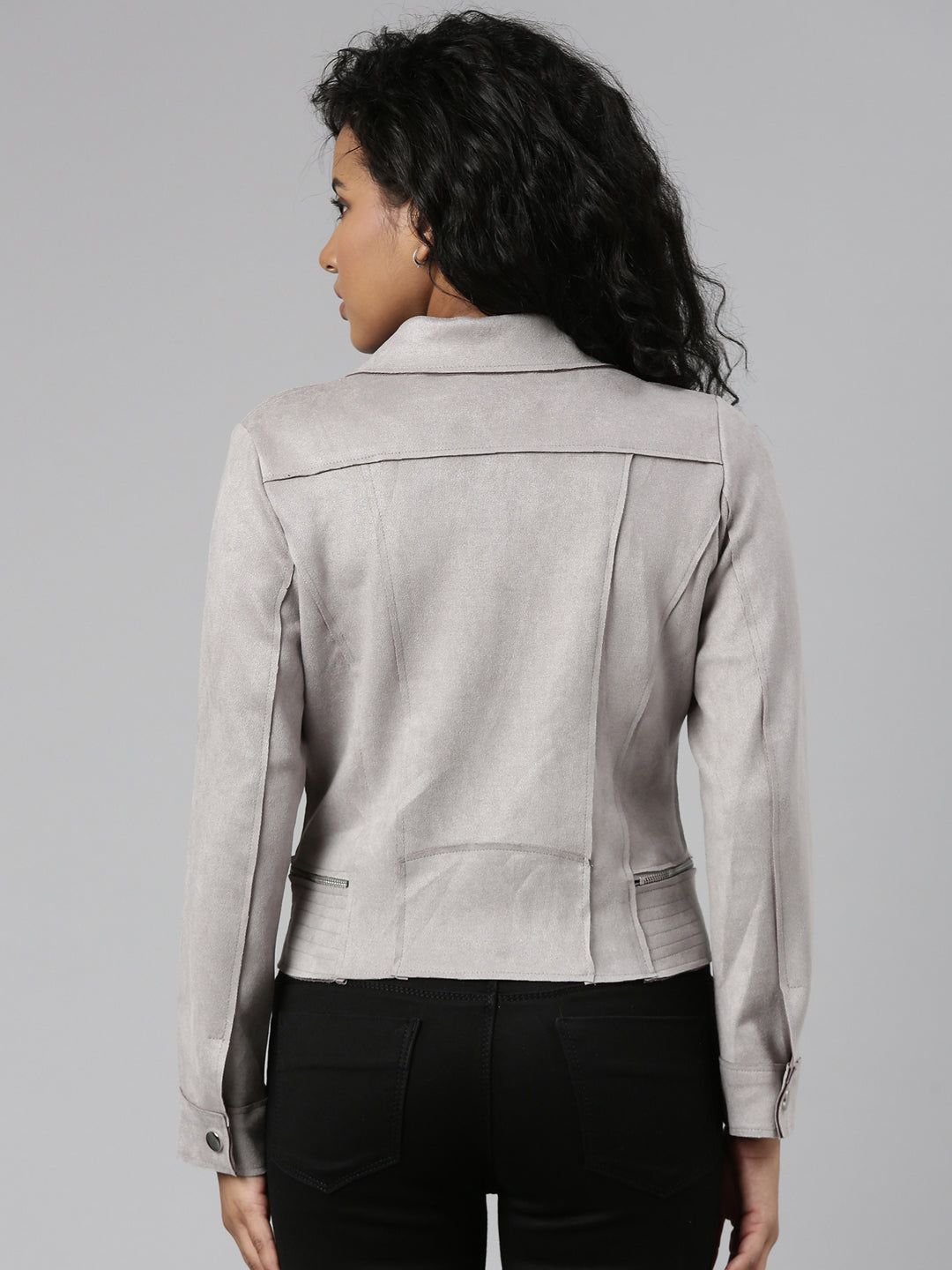 Grey Spread Collar Long Sleeve Zip Detail Crop Tailored Jacket