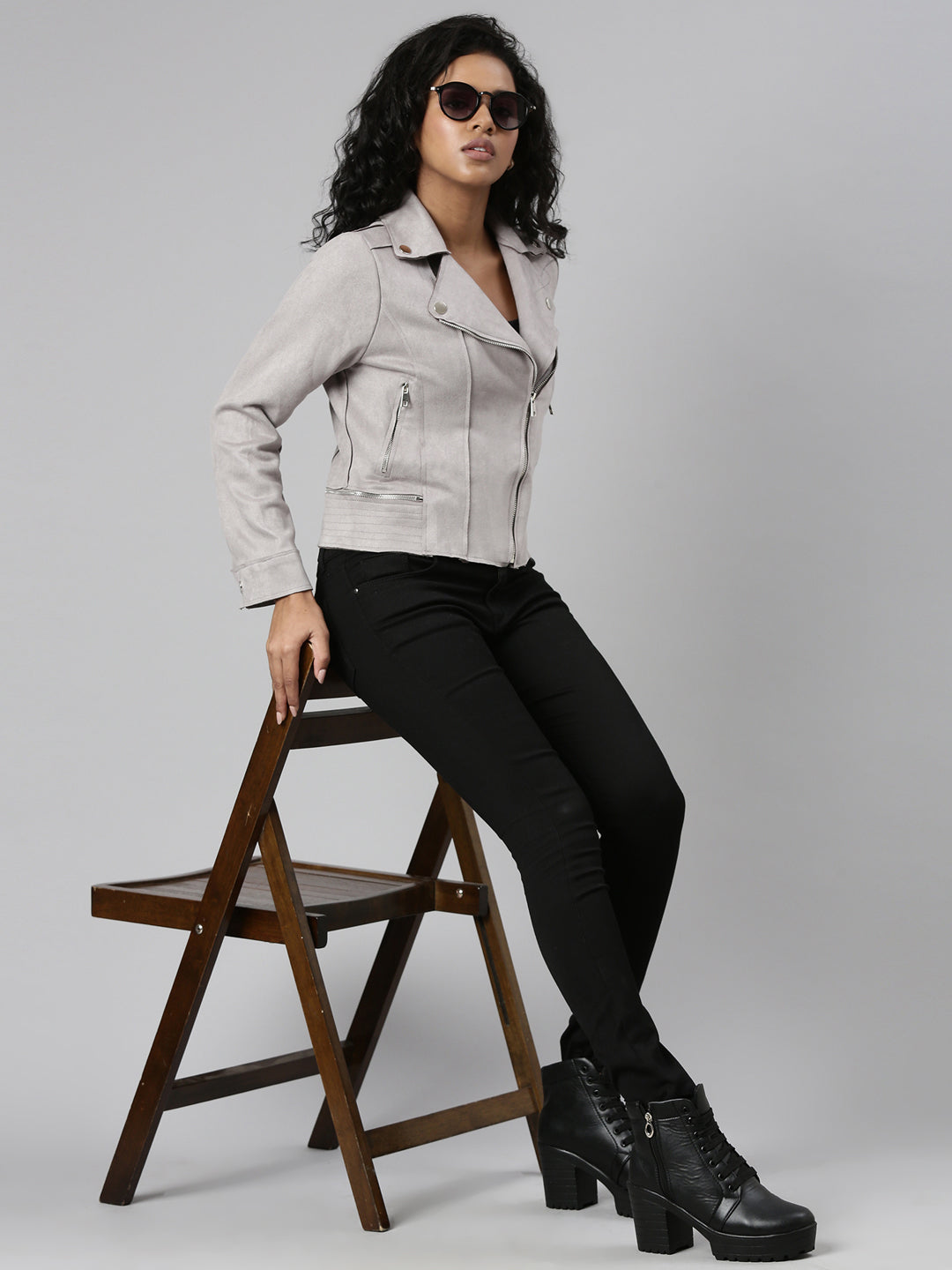 Grey Spread Collar Long Sleeve Zip Detail Crop Tailored Jacket