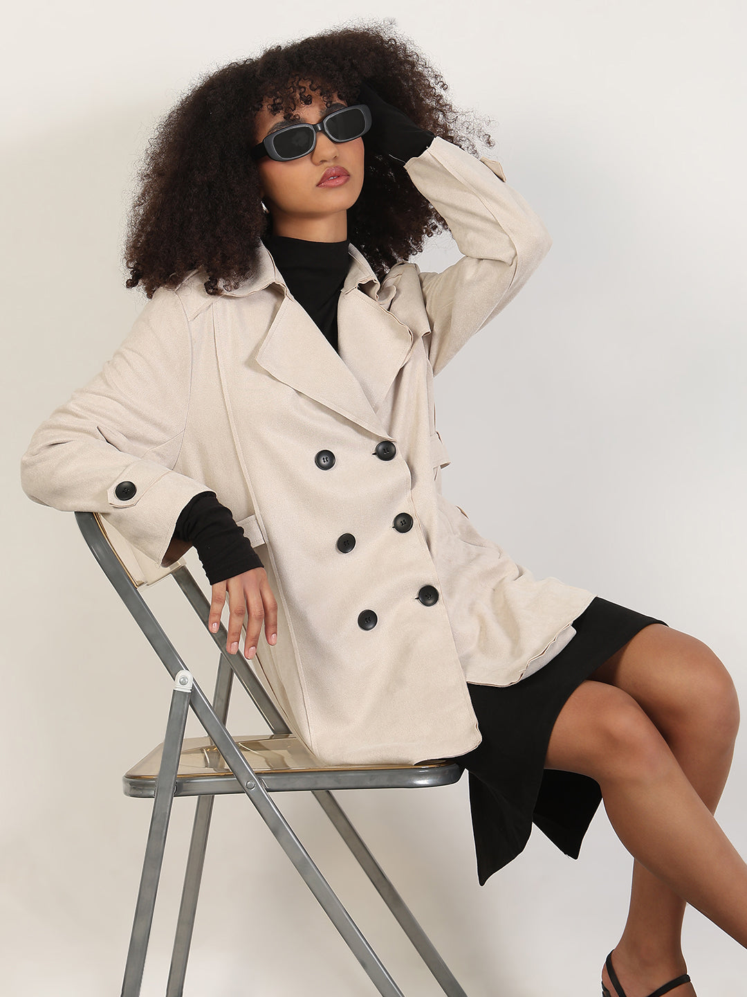 Solid Cream Lapel Collar Trench Coat